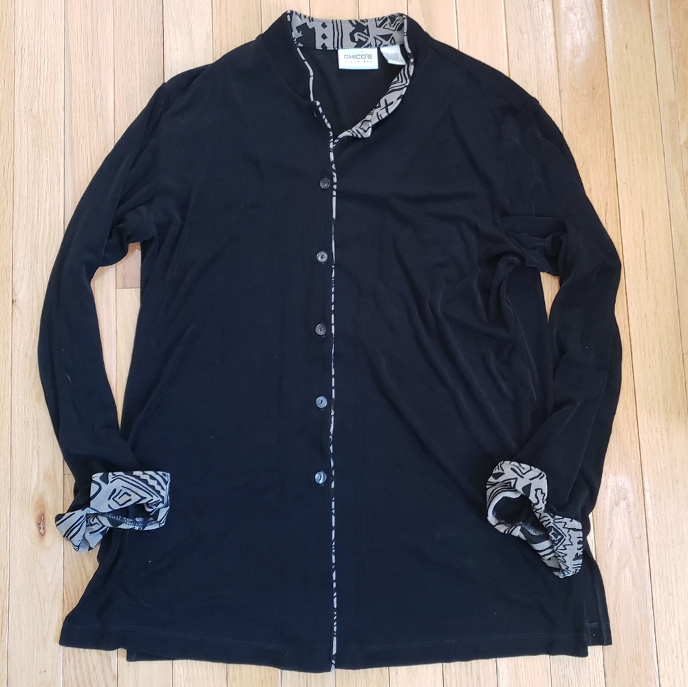 Chico's Travelers Button Front Slinky Black Top Shirt 2 L Liquid Knit Geometric